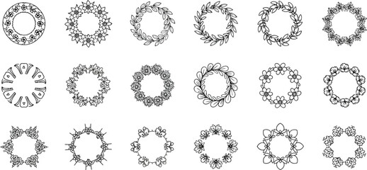 Vector art of set of handdrawn floral wreaths, perfect for adding a touch of natural elegance to your designs, invitations, and creative projects, with a vintage and decorative style