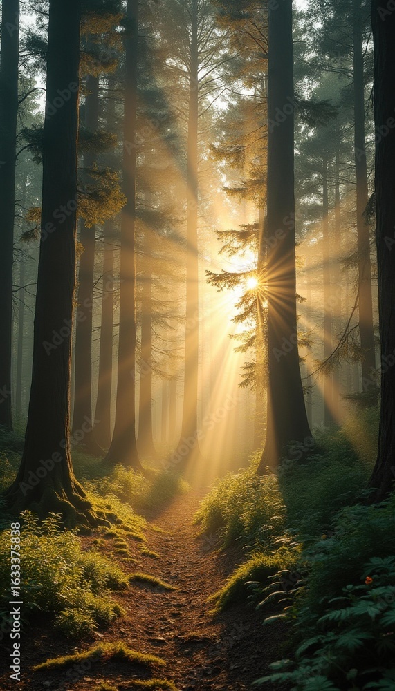 Poster sunlight streaming through trees on serene forest path