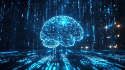 Digital representation of glowing human brain in abstract space