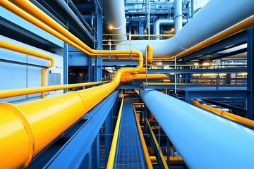 Industrial interior with network of colored pipes and metal structures