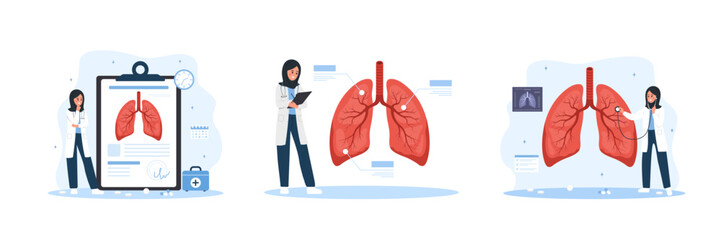 Pulmonologist concept. Arab Female doctor examination Respiratory system disease. Set of Vector illustrations in flat cartoon style.