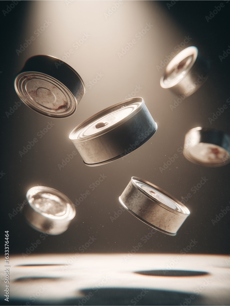 Poster cans floating in light: a compelling visual of various food cans defying gravity, suspended mid-air 