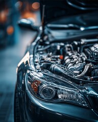 Fototapeta premium Automobile engine: A powerful automotive engine gleams under the light. The image focuses on mechanical engineering. the automotive industry is one that provides people with new experiences. 