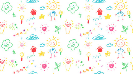 Childlike drawing pattern with suns clouds hearts and stick figures for kids room decor and textile designs