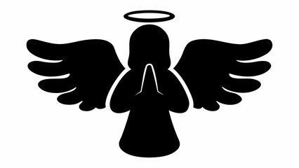 Silhouette of an angel with wings and halo praying in black and white simple vector illustration
