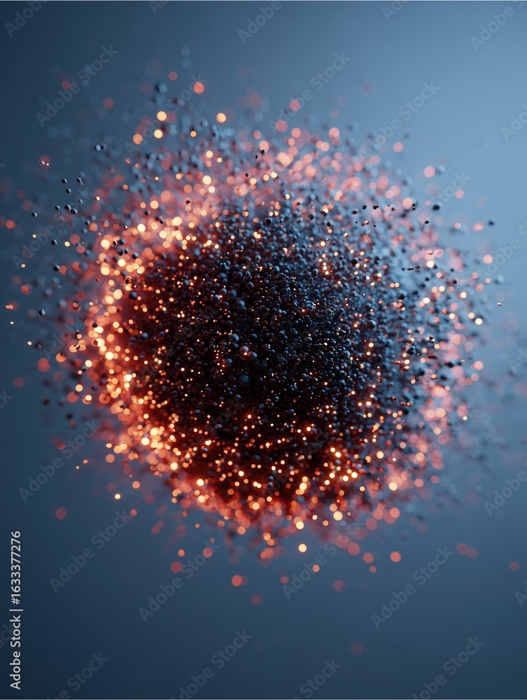 Poster illuminating spheres: a luminous display of particles, glowing with inner light, forms a dynamic, ph