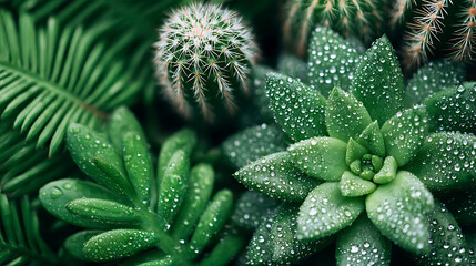 Close-up View of Lush Succulents and Cacti With Water Droplets in a Vibrant Green Arrangement