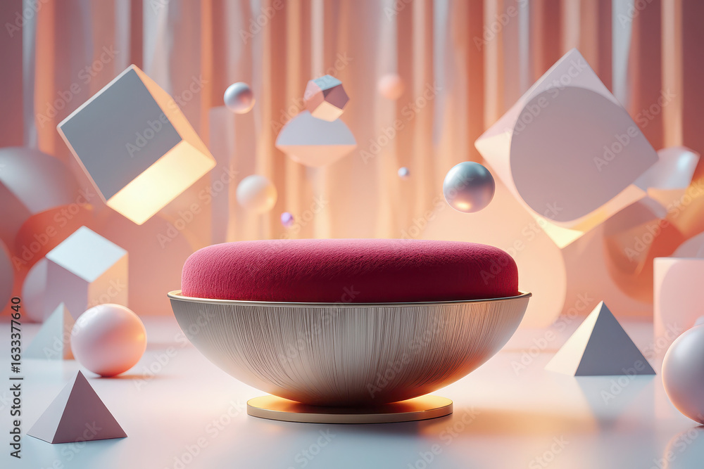 Poster abstract composition of geometric shapes and spheres in various sizes and colors, floating in a soft