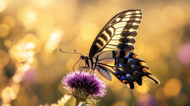 Butterfly feeding on purple flower in serene outdoor field - Powered by Adobe