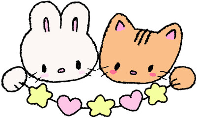 하트와 별 가랜드를 든 토끼와 고양이 캐릭터 손그림 일러스트
