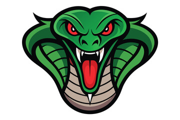 Obraz premium Cartoon Green Cobra Snake Head with Red Eyes, Fangs, and Tongue Isolated on White