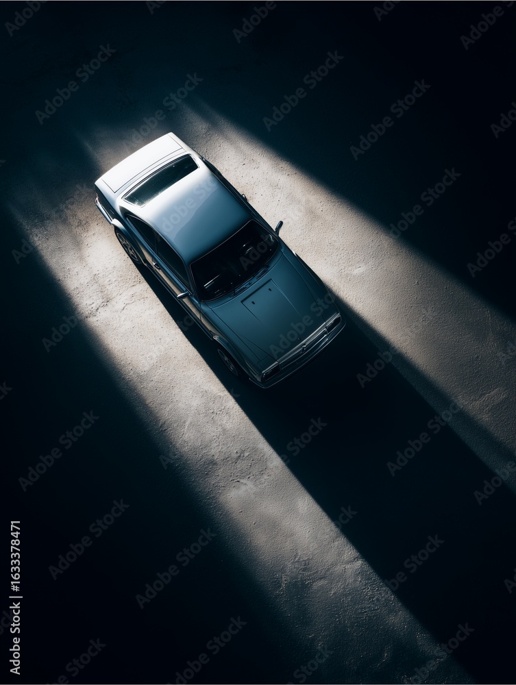 Poster automobile in shadow: a sleek automobile is dramatically showcased with strong shadows and a single 
