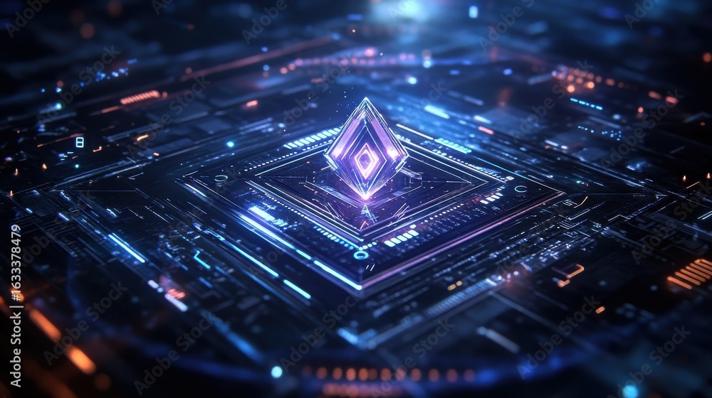 Aufkleber glowing geometric crystal and circuit board in abstract digital setting