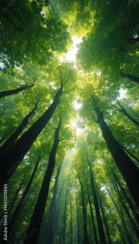 Poster sunlight filtering through trees in serene forest setting