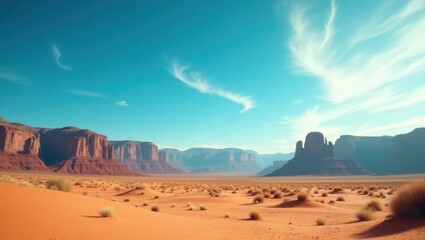 Naklejka premium Vast desert landscape with towering sandstone formations under a bright blue sky