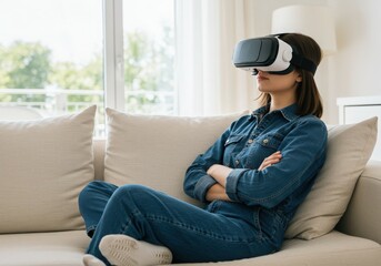 Obraz premium Young woman wearing virtual reality headset sitting on a couch