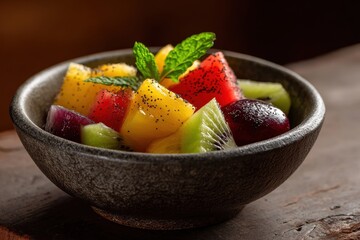 Fresh Fruit Salad with Mint and Black Salt in Handmade Bowl