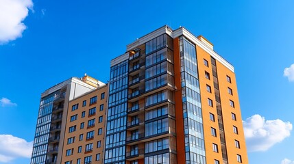 Modern apartment buildings under a vibrant blue sky