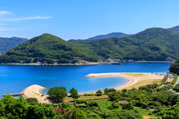澄んだ青い海と緑の山が広がるムーンビーチ井野浦の絶景風景


