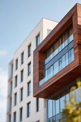 Obraz premium closeup view of modern wooden building facades that beautifully contrast with glass panels