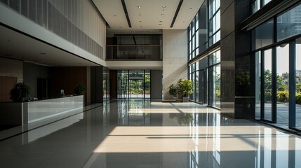 Modern office lobby with large windows, polished floors, and a sleek reception desk