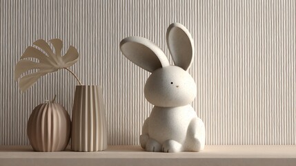 Minimalist easter bunny and textured vases on a shelf with subtle floral shadow