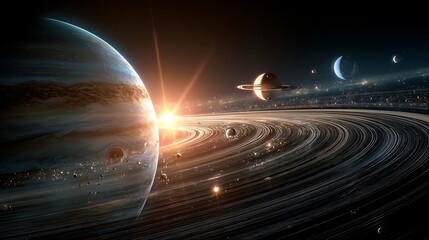 Fototapeta premium Cosmic sunrise over a colossal gas giant and a futuristic megastructure city built along the planetary rings.