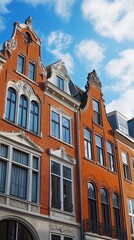 Fototapeta premium Old European brick buildings, ornate windows, blue sky