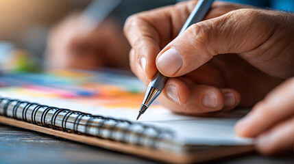 Fototapeta premium Hand Holding a Pen Writing in a Sketchbook During a Creative Session in a Cozy Workspace