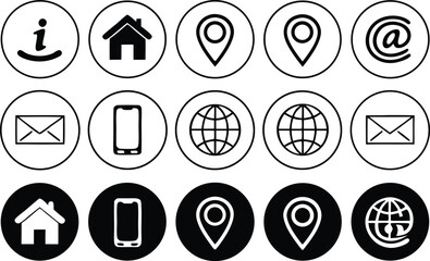 Collection of fifteen monochrome contact icons including location email phone web and home symbols for business cards