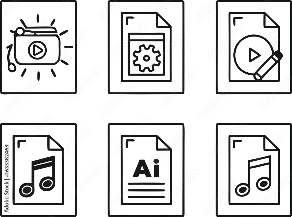 Poster collection of file type icons representing video audio settings ai documents with modern black and w