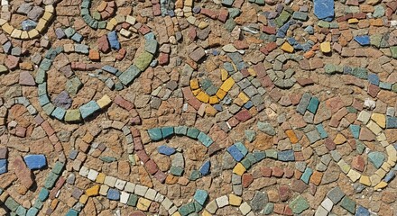 Naklejka premium Intricate ancient mosaic with colorful tiles and textured patterns