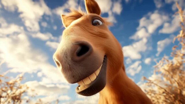 Funny cartoon horse talking close-up
