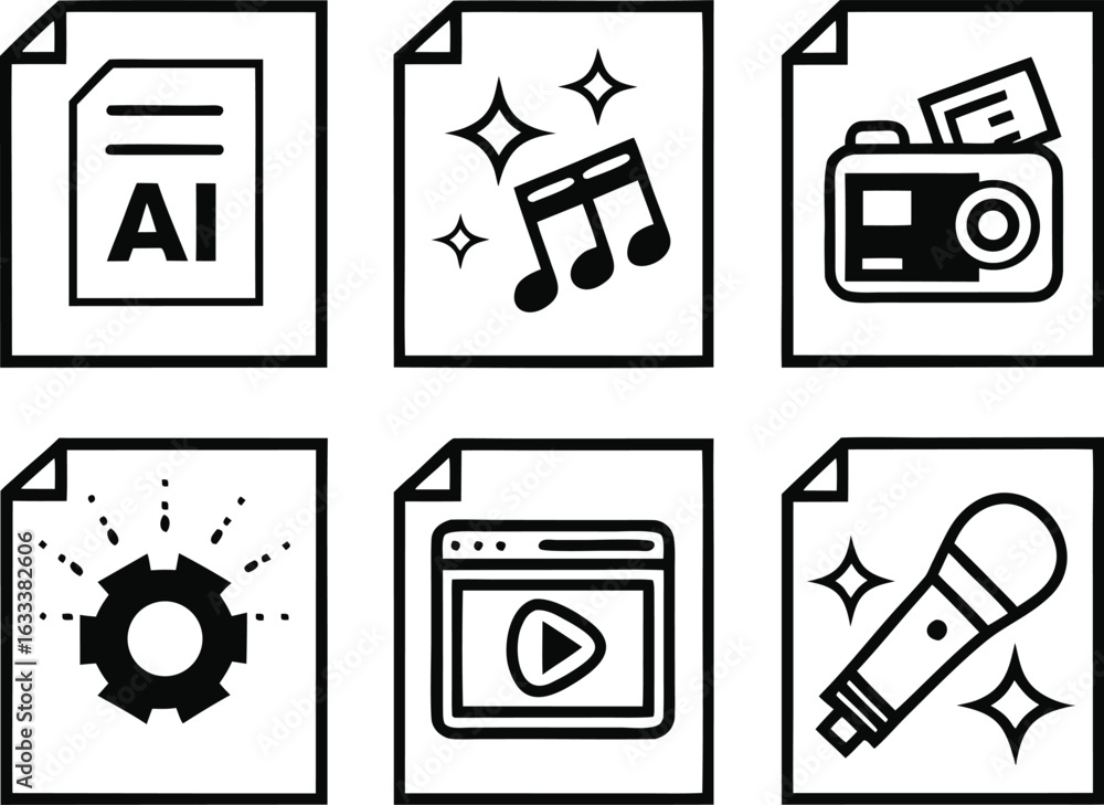 Poster collection of file type icons with music video and document representations for multimedia and creat