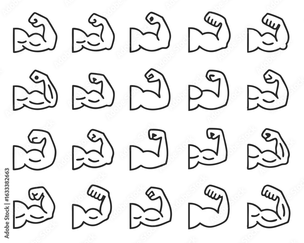 Poster collection of simple thin line art arm flexing icons for logos and branding isolated on transparent 