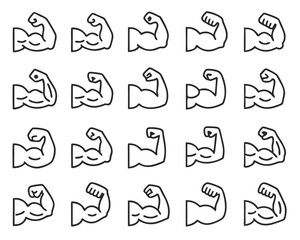 Obraz premium Collection of simple thin line art arm flexing icons for logos and branding isolated on transparent background