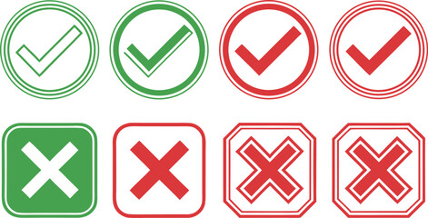 Collection of Green and Red Check Mark and X Mark Icons representing validation and rejection on a clean white background