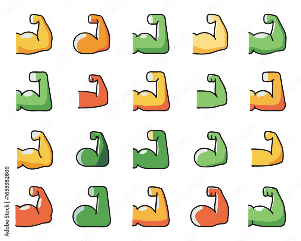 Poster arm flex icon set featuring simple thin line designs with multiple color options for branding and us