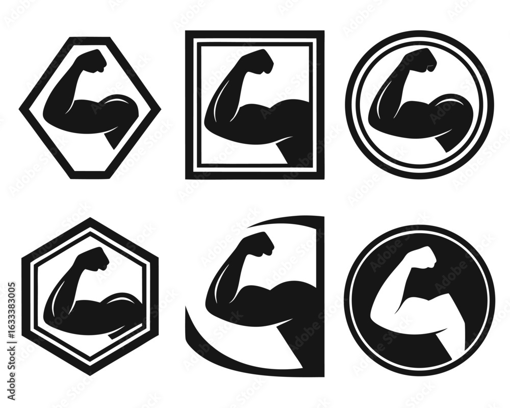 Poster a collection of simple thin line art icons representing arm flexion and strength concepts isolated o