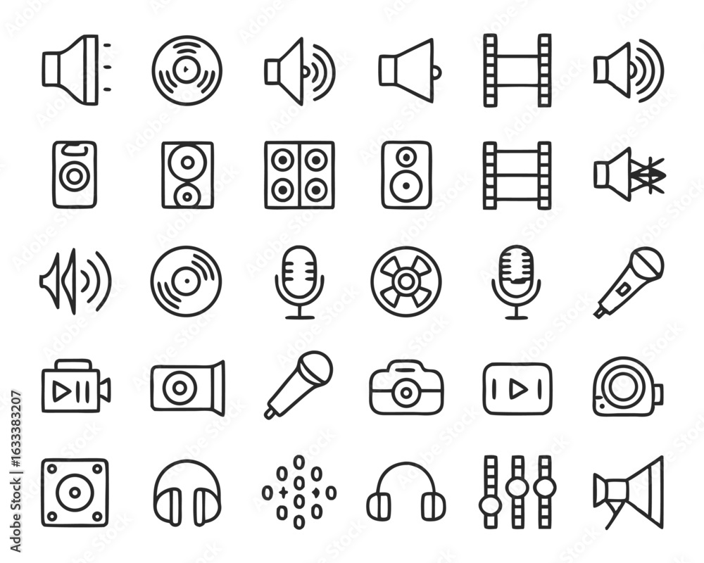 Poster a comprehensive collection of thin line icons representing various audio and video elements suitable