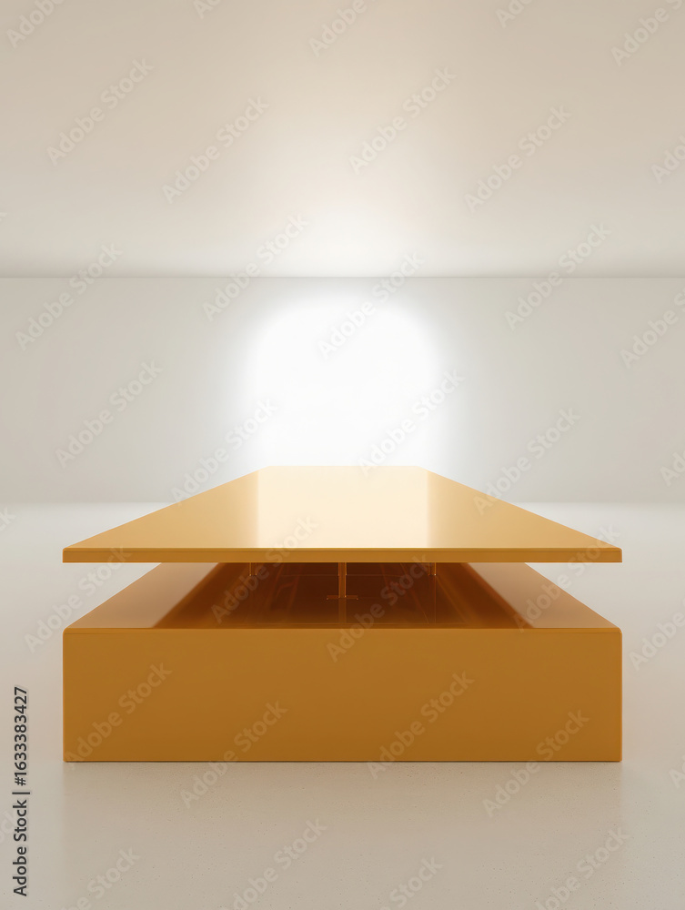 Poster minimalist interior with a bright orange rectangular platform and table, illuminated by a soft light