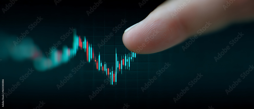 Poster Analyzing Stock Market Trends With a Finger Pointing at a Rising Graph During a Trading Session