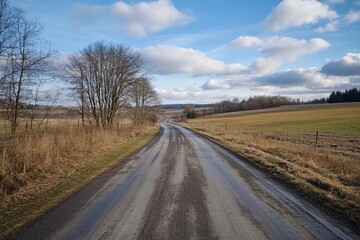 Rural road winds through fields under a partly cloudy sky