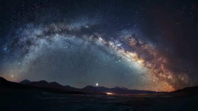 Panoramic milky way galaxy arch across starry night sky &mdash; astrophotography of dense stars and interstellar dust, deep-space cosmic background