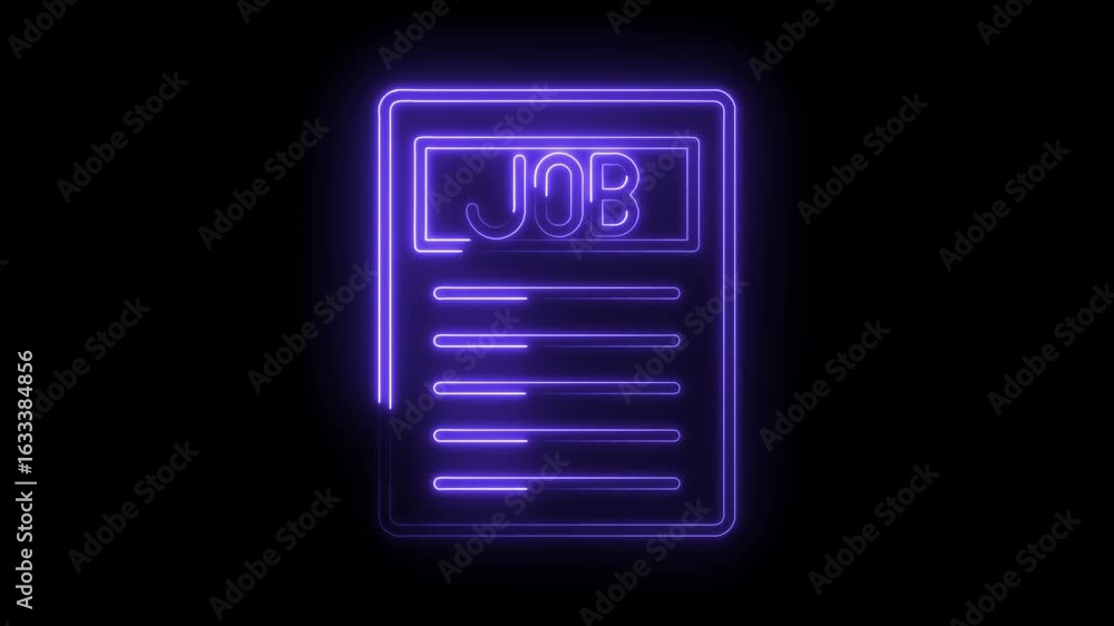 Poster glowing neon job document icon with text j o b and lines on transparent black background futuristic 