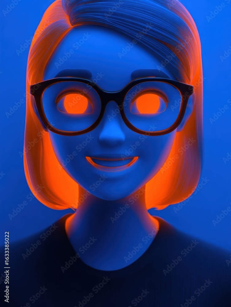 Poster friendly animated character with glowing features in a vibrant blue and orange setting