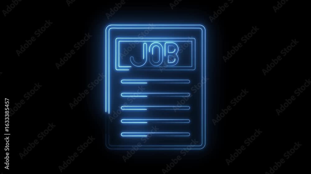 Poster glowing blue neon job application document icon with text j o b and list lines on a transparent blac