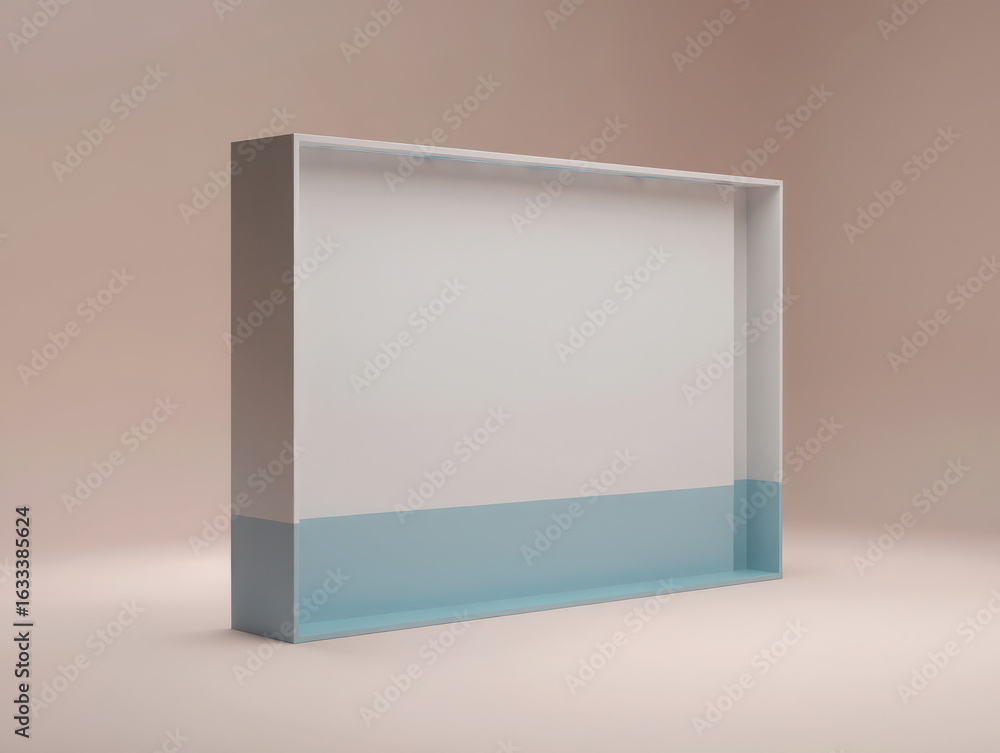 Poster empty rectangular display box with blue base and white interior, isolated on a soft beige background