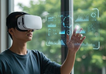 Man wearing virtual reality headset interacting with futuristic digital interface