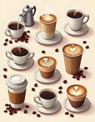 Obraz premium Variety of coffee drinks cartoon illustration